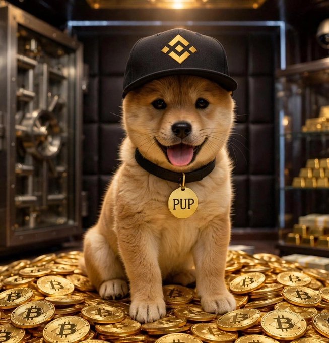 An adorable puppy wearing a black cap with the Binance logo and a gold tag labeled "PUP" sits on a pile of Bitcoin coins in a vault-like room.