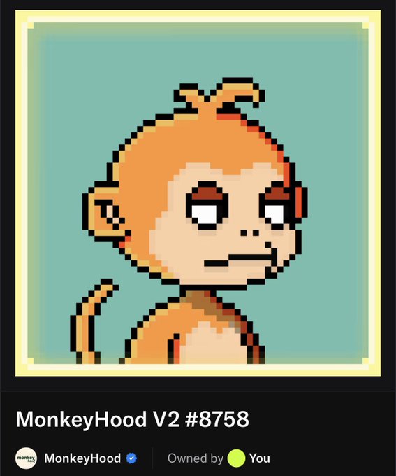 A pixel art profile picture of an orange monkey character with large eyes, displayed in a yellow frame on a black background with the text 'MonkeyHood V2 #8758', 'MonkeyHood', and 'Owned by You'.