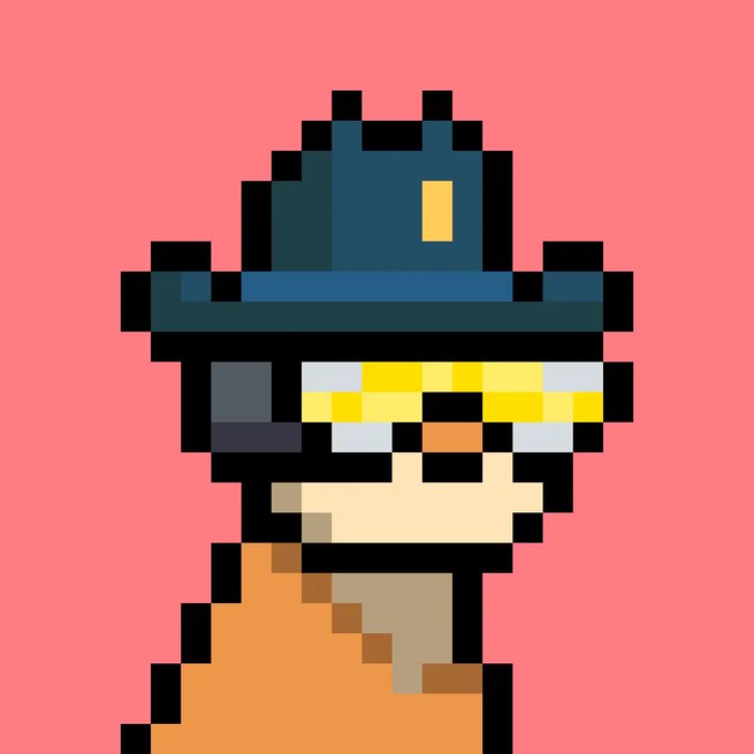 A pixel art character with yellow glasses, a dark blue hat, and an orange outfit against a pink background.