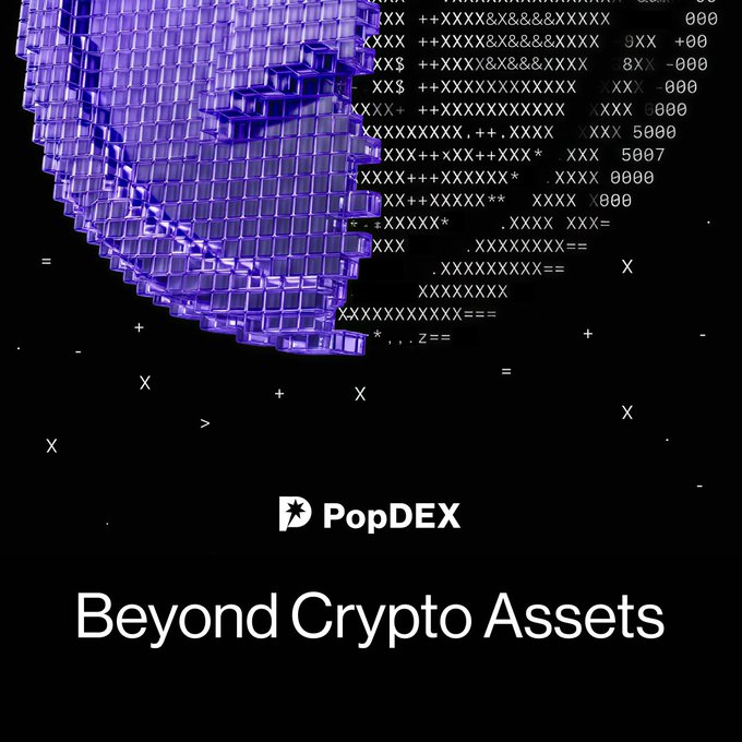 An advertisement featuring a purple 3D textured sphere with ASCII text, branded 'PopDEX' with the tagline 'Beyond Crypto Assets'.