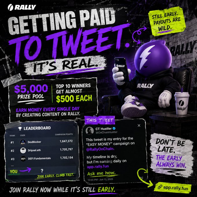 The image shows a poster advertising an opportunity for people to earn money by participating in a contest. The main characters are a person wearing a superhero hat, who is holding up a cell phone displaying a social media status (like or retweet). A large purple "T" is visible on the cell phone screen as well. Below this character, there's some text providing details about how to participate and what the prize pool consists of. The poster also mentions that it has already been shared by someone named @RallyOnChain and includes a question asking viewers if they've joined the rally yet.