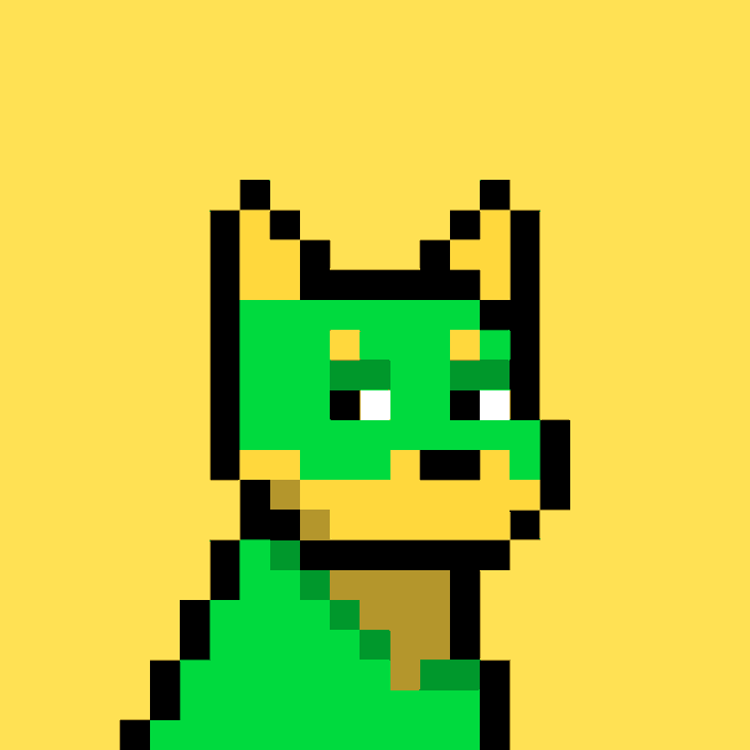 A pixel art character with cat-like ears in green and yellow tones on a yellow background, resembling retro 8-bit game graphics.