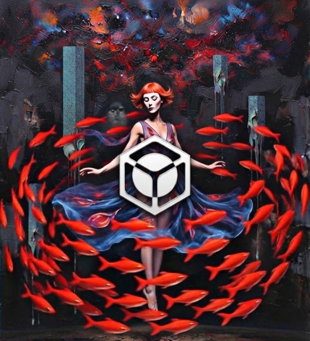 A digital painting featuring a red-haired figure surrounded by schools of red fish, overlaid with a white hexagonal geometric logo in the center.