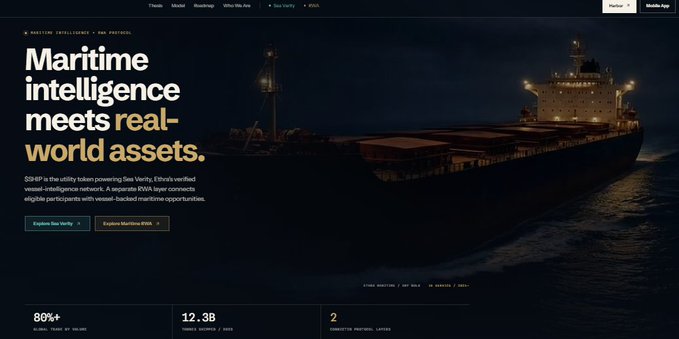 A website landing page for "Sea Ventry" with the headline "Maritime intelligence meets real-world assets," describing $SVN as a RWA-backed maritime utility token with statistics showing 89%+ uptime and $12.3B tokens burned.