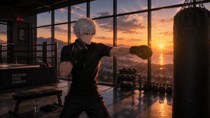 An anime-style illustration of a silver-haired character in boxing gloves training on a heavy bag in a gym with floor-to-ceiling windows overlooking a sunset cityscape, with text reading "DISCIPLINE FOCUS STRENGTH" on equipment nearby.