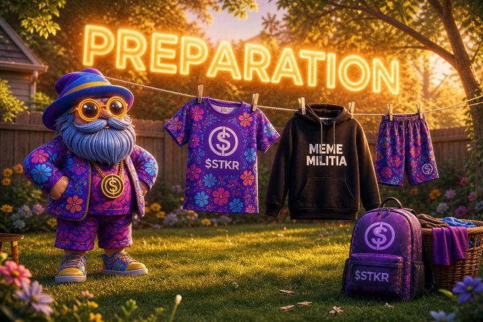A vibrant promotional image labeled "PREPARATION" in glowing neon letters features a bearded gnome-like character alongside $STKR branded clothing (a floral purple shirt and shorts, a "MEME MILITIA" black hoodie, and a backpack) displayed on a clothesline in a sunny backyard.