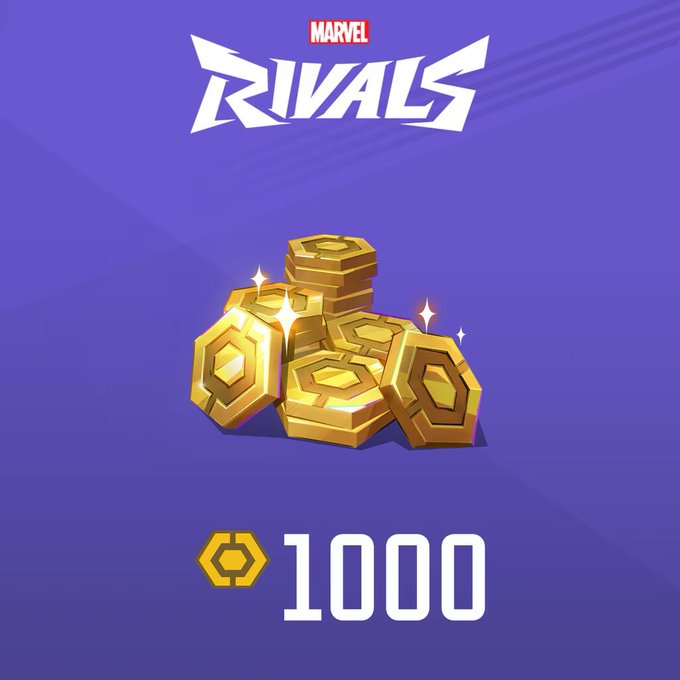 A promotional graphic for the Marvel Rivals game features the game's logo on a purple background, along with an illustration of gold hexagonal coins and the text "1000" indicating 1,000 Lattice currency being given away. The image is being used in a giveaway post where the host is offering 1,000 Lattice to themselves and a friend in exchange for social media follows and comments.