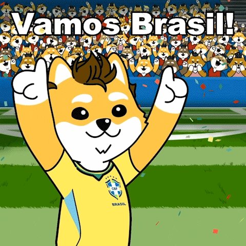lloros, a cartoon character from Brazil, waves with arms raised and thumbs up while standing on a soccer field surrounded by confetti.