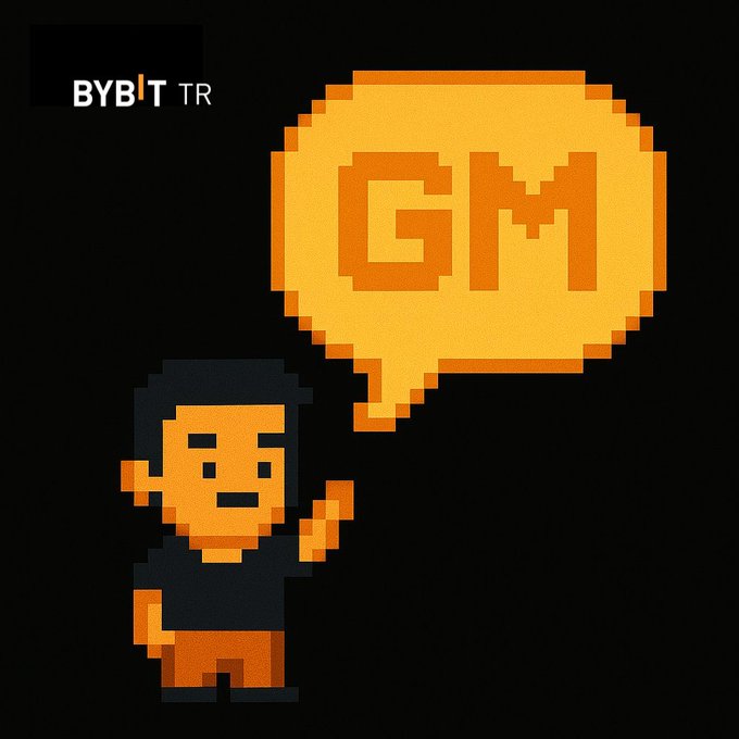 A pixel art graphic on a black background featuring a small character waving next to a speech bubble saying 'GM', with the 'BYBIT TR' logo in the top left corner.