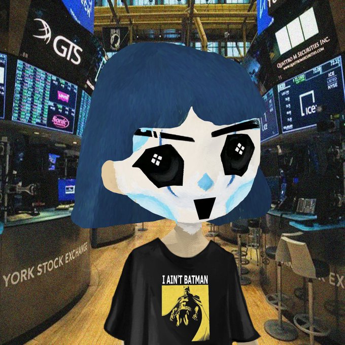 A cartoon-style illustration of a blue-haired character with a white mask wearing a black 'I AIN'T BATMAN' t-shirt, set against a New York Stock Exchange background.