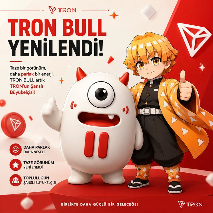 The image features a cartoon boy wearing a yellow outfit, standing next to a white monster with red horns. The boy gives a thumbs-up sign while holding up his hand. In the background of the image, there are small red circles scattered around. The caption above the image reads "TRON Bull YENILENDI! Tase bir gurudan dahari parak di tron bull yenilendi!" which translates to "TRON Bull YENILENDI! Tase bir gurudan dahari parak di tron bull yenilendi!". The image also includes a small cartoon of the boy and the monster, as well as some text about the renewal of TRON Bull.
