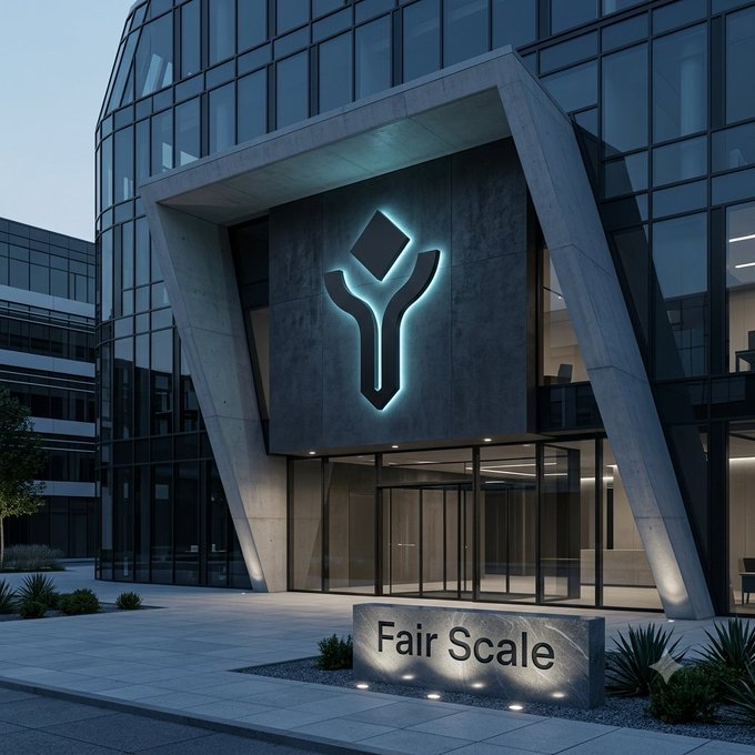 The image shows a sleek modern office building entrance featuring angular concrete architecture and a glowing cyan emblem above the doors, with a stone sign reading "Fair Scale" at the base. The post connects to the image by referencing @fairscalexyz and the $ANSEM Score, framing the "Fair Scale" signage as a visual representation of the project's ambitious vision to transform community behavior into a programmable distribution mechanism rather than a conventional scoring system.