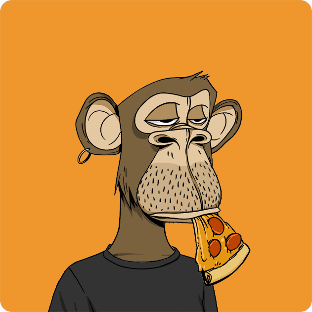 The image features a cartoon monkey holding a slice of pizza, with its mouth open wide as if about to take a bite. The monkey appears to be wearing a black shirt and has a sad expression on its face. The background color of the image is orange, which contrasts with the brown fur of the monkey. There are no other objects or text in the image besides the monkey holding the pizza slice.