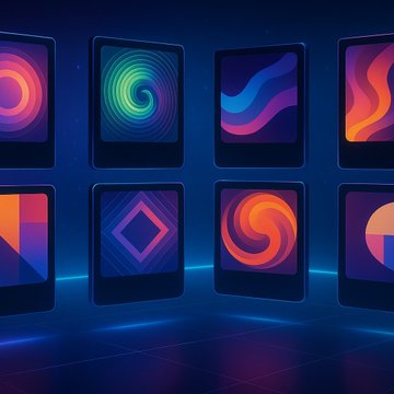 The image features six square screens with different designs displayed against a dark blue background. The screens are arranged in two rows of three, showcasing various patterns and shapes. The text "LATEST: Yuga Labs says it rescued" suggests that the screens were created by a company called Yuga Labs, which specializes in rescuing NFTs from flooring protocols exploit. The NFTs include 29 Bored Apes and 2 CryptoPunks.