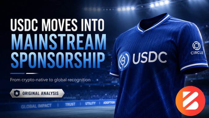 A promotional graphic titled 'USDC MOVES INTO MAINSTREAM SPONSORSHIP' featuring a blue soccer jersey with 'USDC' and 'CIRCLE' branding, with the subtitle 'From crypto-native to global recognition' and tags 'GLOBAL IMPACT', 'TRUST', 'UTILITY', 'ADOPTION'.