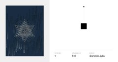 A minimalist art display shows a dark blue canvas with a geometric triangular design alongside a small black square on a white wall, appearing to be a gallery exhibition.