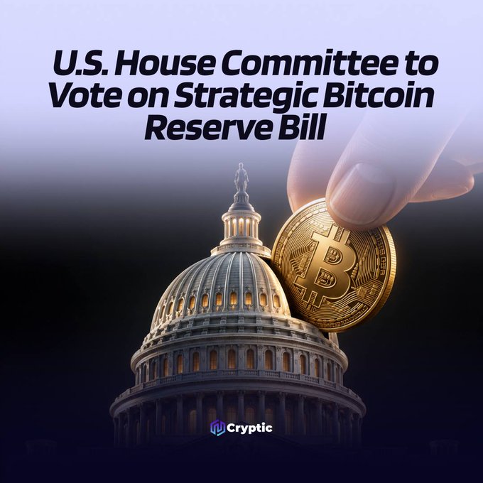 A graphic featuring the U.S. Capitol dome alongside a hand holding a Bitcoin coin, with the headline "U.S. House Committee to Vote on Strategic Bitcoin Reserve Bill" and the Cryptic logo at the bottom, visually illustrating the upcoming committee vote on H.R. 8957 regarding the proposed U.S. Strategic Bitcoin Reserve.