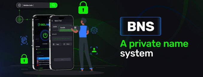 A promotional graphic for 'BNS' advertising it as 'A private name system,' featuring an illustrated character interacting with a smartphone app interface.