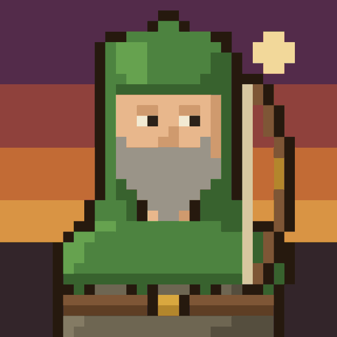 A pixel art illustration of a bearded wizard wearing a green hooded robe and holding a wooden staff with a yellow star on top against a striped sunset background.