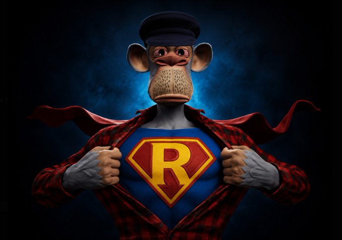 A digital artwork parodying Superman, featuring a muscular monkey character tearing open a red plaid shirt to reveal a blue Superman suit with a red and yellow 'R' logo on the chest, set against a dark blue smoky background.