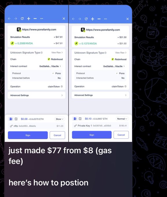 A screenshot showing two browser windows from https://www.ponsfamily.com displaying Simulation Results for NVDA token claimToken operations on Robinhood, with one showing +$47.81 (0.2088 NVDA) and the other +$31.50 (0.1375 NVDA), with overlaid text reading "just made $77 from $8 (gas fee)" and "here's how to position." The image illustrates the referenced $77 profit claim by combining two separate transactions totaling $79.31 in gains against a small gas fee.
