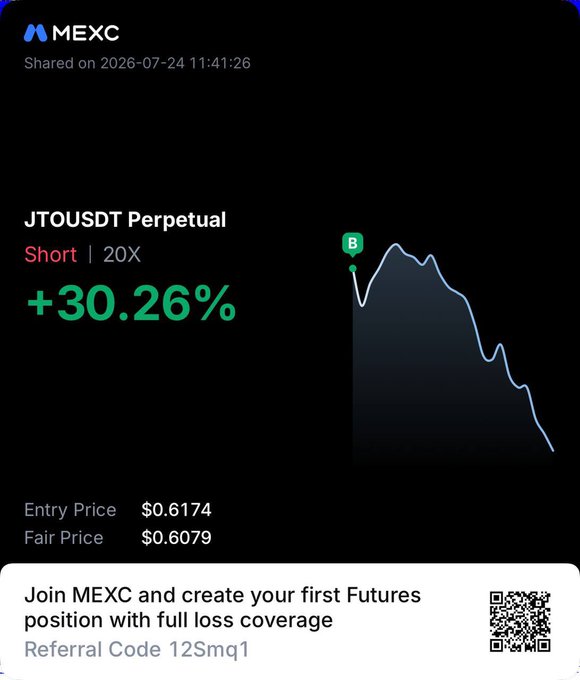 This MEXC screenshot shows a successful short position on JTOUSDT Perpetual with a +30.26% profit, which aligns with the post's statement of the first target being hit.