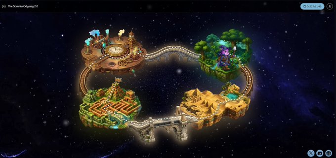 A fantasy video game screenshot showing floating islands connected by bridges in space, with biomes including a clock-themed island, a forest, a maze, and a desert, titled 'The Sorrows Odyssey 2.0'.