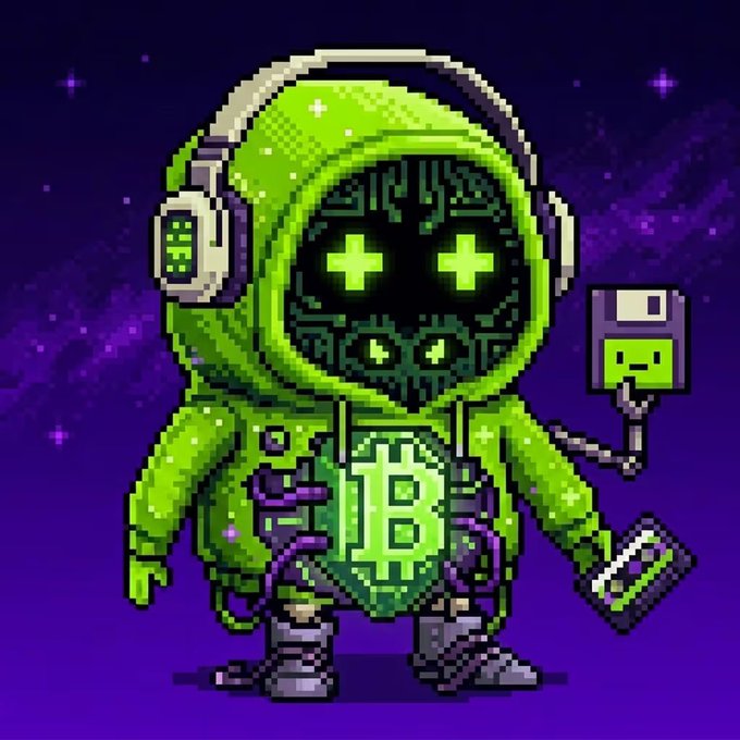 Pixel art illustration of a green hooded figure with glowing plus-sign eyes wearing headphones, featuring cryptocurrency/Bitcoin imagery on its chest and holding a USB drive against a purple starry background.