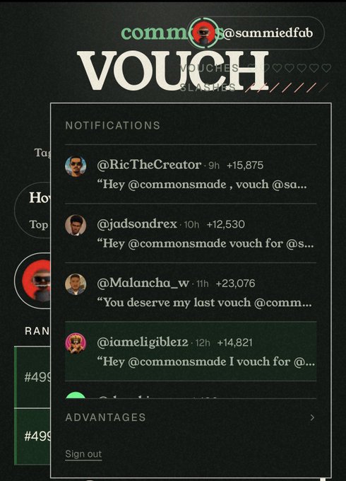 A screenshot of a notification panel for the account @sammiedfab showing four vouch notifications from users @RicTheCreator, @jadsondrex, @Malancha_w, and @iameligible12, each with engagement numbers ranging from +12,530 to +23,076.