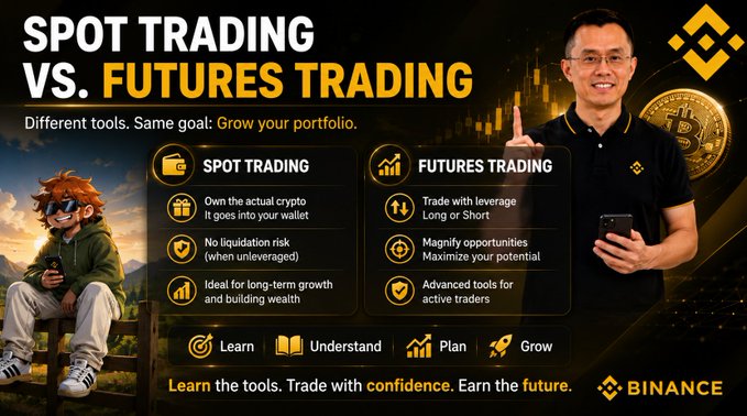 The image is a Binance infographic titled "SPOT TRADING VS. FUTURES TRADING" comparing the two trading methods—spot trading for owning actual crypto with no liquidation risk, and futures trading for leveraged long/short positions—captioned "Learn the tools. Trade with confidence. Earn the future." It visually reinforces the post's theme of guiding beginners through choosing between spot and futures trading as part of a learning journey.