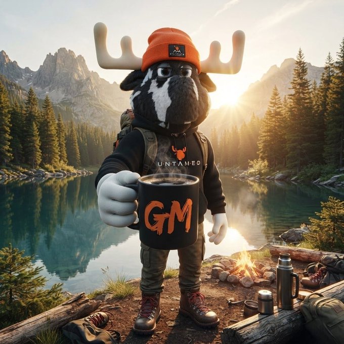 A moose mascot wearing an orange beanie and "UNTAMED" hoodie holds a steaming black mug labeled "GM" beside a campfire and mountain lake, embodying the rugged, adventurous spirit of the #TREK Way and embracing the #XRPL community's decentralized ethos.