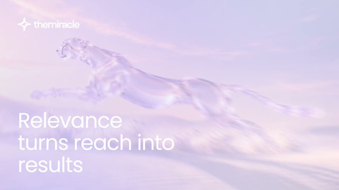 A translucent, crystal-like leopard runs across a soft pink and purple cloudy background, with the text "themiracle" at the top left and "Relevance turns reach into results" below.
