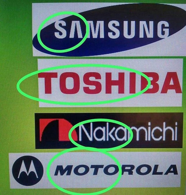 The image displays logos of well-known tech brands—Samsung, Toshiba, Nakamichi, and Motorola—with certain letters highlighted in green circles. The post jokingly suggests these circled letters combine to spell "Nakamoto," playing on the popular mystery of Bitcoin creator Satoshi Nakamoto's identity.