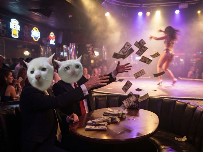 Two figures with white cat heads wearing suits sit at a club table, with one tossing a large stack of cash into the air amid a smoky, neon-lit stage featuring a dancer in the background. The playful, meme-style image aligns with the post's theme of casually flaunting money in a club setting, linking to a dexscreener contract for the crypto token "robinhood."