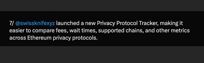 Screenshot of a text post stating '@swissknifexyz launched a new Privacy Protocol Tracker, making it easier to compare fees, wait times, supported chains, and other metrics across Ethereum privacy protocols.'