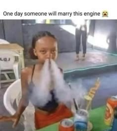 A meme image showing a young girl blowing a massive plume of vapor from an e-cigarette, with the caption 'One day someone will marry this engine' above her.