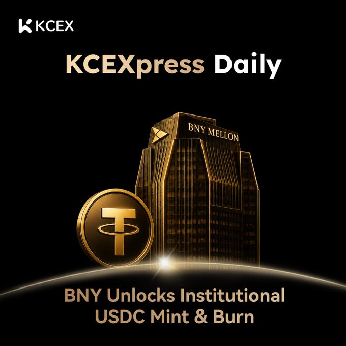 A promotional graphic for "KCEXpress Daily" featuring a golden BNY Mellon skyscraper and USDC coin emblem, with the headline "BNY Unlocks Institutional USDC Mint & Burn" — illustrating the announcement that BNY Mellon now enables institutional clients to custody, mint, burn, and transfer $USDC in partnership with Circle.