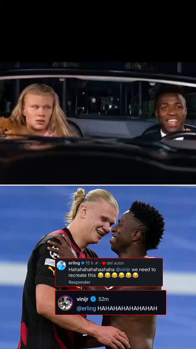 A two-panel meme showing Haaland and Vinícius Jr. mimicking a scene from a car commercial, with Instagram comments from @erling saying 'Hahahahahahaha @vinijr we need to recreate this' and @vinijr replying with laughter.