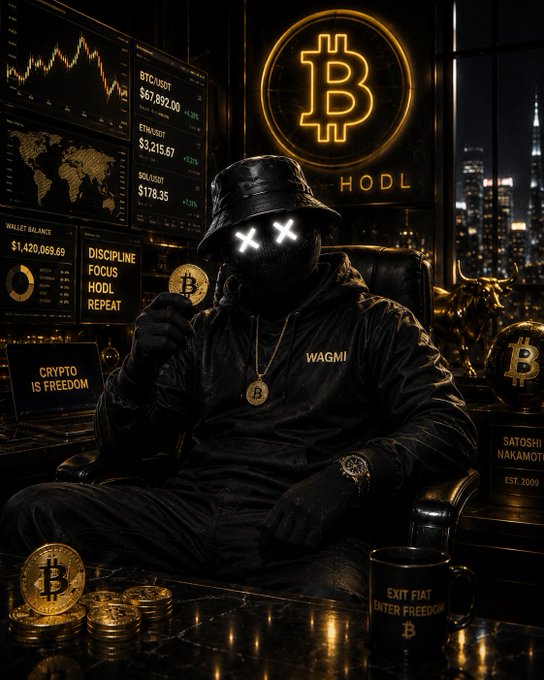 A dark crypto-themed digital art piece showing a hooded figure with glowing X eyes wearing 'WAGMI' jacket, holding a Bitcoin coin in a room with BTC price displays, neon Bitcoin logo, and slogans like 'HODL' and 'EXIT FIAT ENTER FREEDOM'.