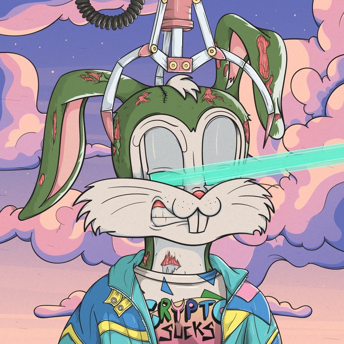 A cartoon illustration of a green, zombie-like rabbit character wearing a 'CRYPTO SUCKS' shirt and a blue jacket, with a mechanical claw attached to its head and a laser shooting from its eyes.