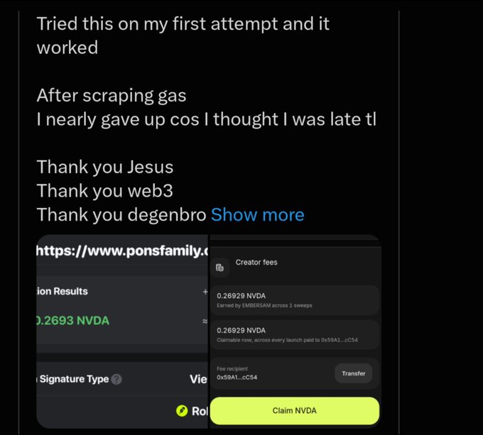 A Twitter/X post celebrates successfully earning creator fees of 0.26929 NVDA across 3 sweeps, with screenshots showing an option to claim the NVDA tokens via "0x59A1...cC54" on pons.family. The post ties into the caption by illustrating how simply holding a new wallet can generate substantial passive fee income through bot-driven trading volume.