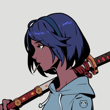 An anime-style illustration of a character with blue hair in a light blue hoodie, carrying a katana sword over their shoulder with a small cat design on the hood.