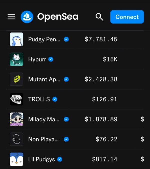 The OpenSea NFT marketplace displays collections including Pudgy Penguins ($7,781.45), Hypurr ($15K), Mutant Apes ($2,428.38), TROLLS ($126.91), Milady ($1,878.89), Non Playable, and Lil Pudgys ($817.14).
