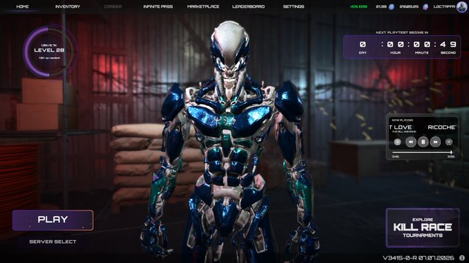 The image shows a video game menu screen featuring a futuristic blue and white armored character at "LEVEL 28," with navigation tabs for HOME, INVENTORY, CAREER, INFINITE PASS, MARKETPLACE, LEADERBOARD, and SETTINGS, along with a "PLAY" button and a countdown timer showing "NEXT PLAYLIST BEGINS IN 0:00:49." The "INFINITE PASS" tab and level progression visually reinforce the post's promotion of the @BR1INFINITE game, illustrating the player's advancement and earnings opportunity through gameplay.
