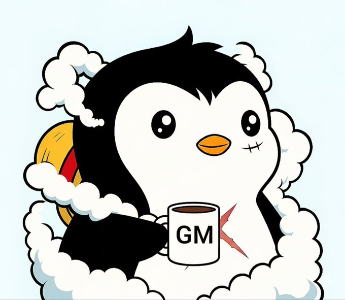 The image features a cartoon penguin holding a coffee cup with the word "gm" written on it. The penguin appears to be enjoying its drink while sitting inside a cloud or puff of steam, which adds a whimsical touch to the scene. The image also includes text that reads "Good morning gm fam quantum computing research has always been locked behind closed doors, labs and institutions building in silos @quipnetwork runs differently algorithms, node tuning, protocol proposals, all open to the community", suggesting an interesting connection between the cartoon penguin's activities and the post about quantum computing.