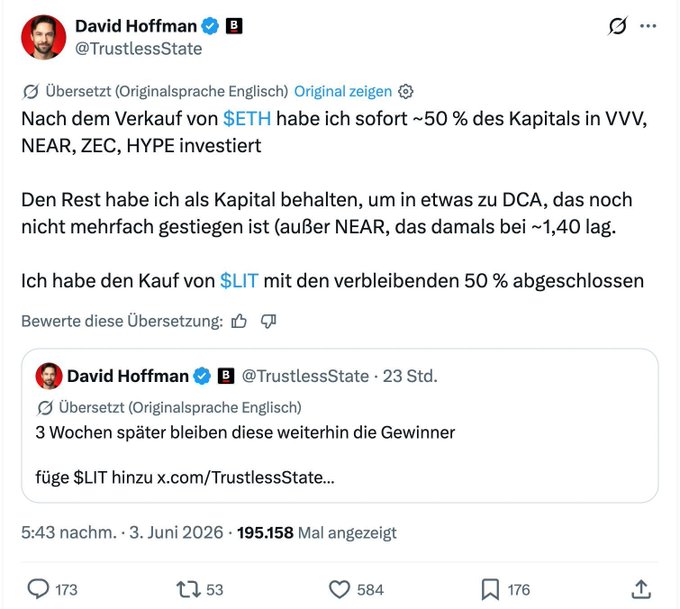 The image shows a screenshot of a Twitter page with several posts made by David Hoffman. One of these posts appears to be related to cryptocurrency, as Hoffman himself has written about this topic. The caption from the post provides information about the value ofETH, which is selling off and rotating in the market.