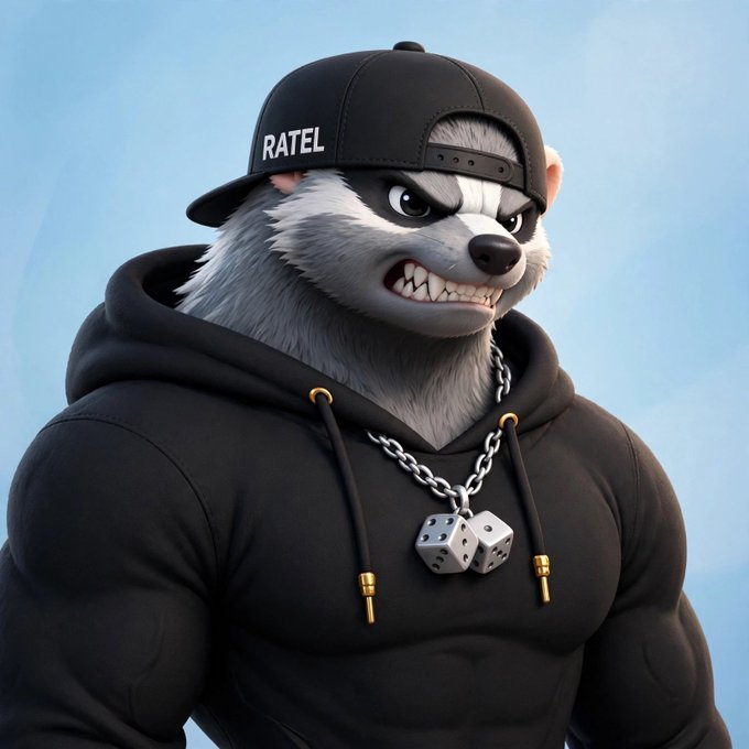 A 3D-rendered anthropomorphic honey badger character wearing a black 'RATEL' branded cap and black hoodie, accessorized with a silver chain necklace featuring dice pendants.
