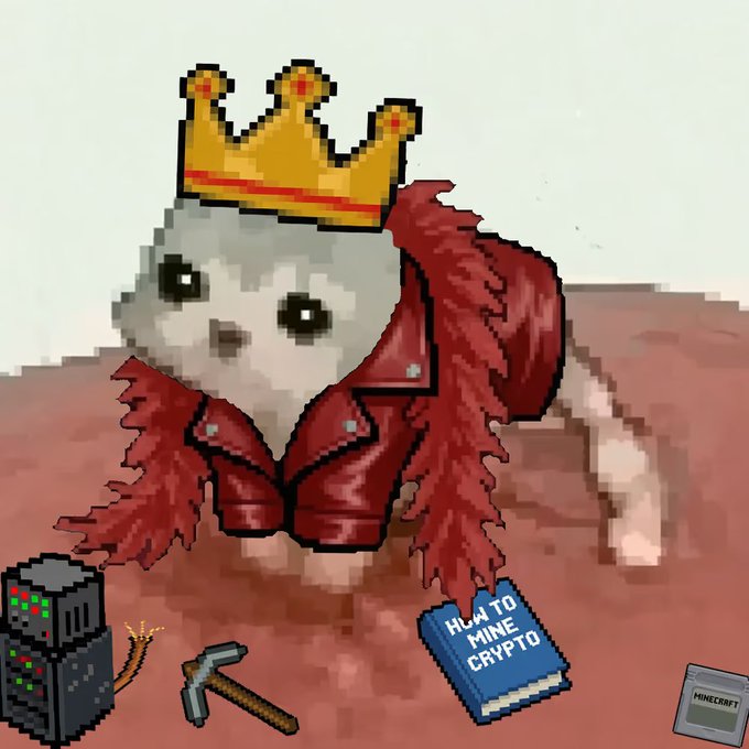A pixel art image of a white creature wearing a red jacket and a gold crown, surrounded by mining hardware, a pickaxe, and a blue book labeled 'HLA TO MINE CRYPTO'.