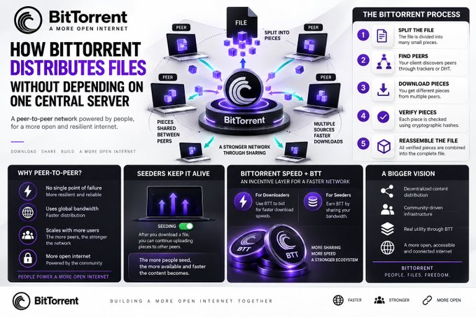 An infographic titled 'How BitTorrent Distributes Files' explaining the peer-to-peer file sharing process with five steps and benefits including faster downloads, a stronger network, and an open internet.