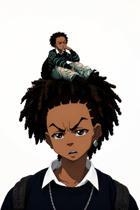 An anime character with a frustrated expression has a smaller version of himself sitting on top of his curly afro hair, wearing a school uniform.